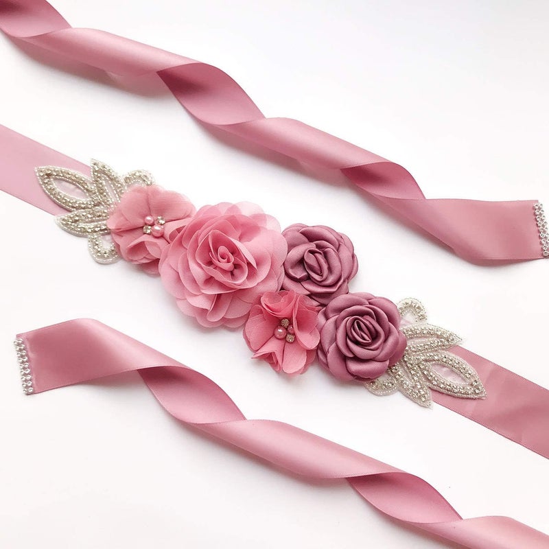 Lauthen.S Sash Belt with Flowers Pearls Rhinestone for Wedding Bride/Baby Shower Dress - Image 2